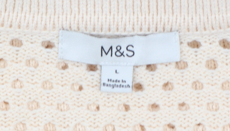 Marks and Spencer Women Beige Open-Knit Collared Short Sleeve Jumper L
