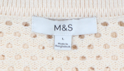 Marks and Spencer Women Beige Open-Knit Collared Short Sleeve Jumper L