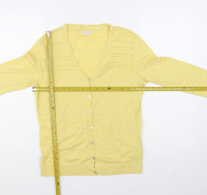 Fat Face Women Yellow Cotton V-Neck Cardigan Size 10