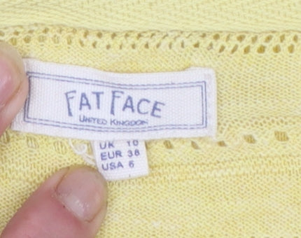 Fat Face Women Yellow Cotton V-Neck Cardigan Size 10