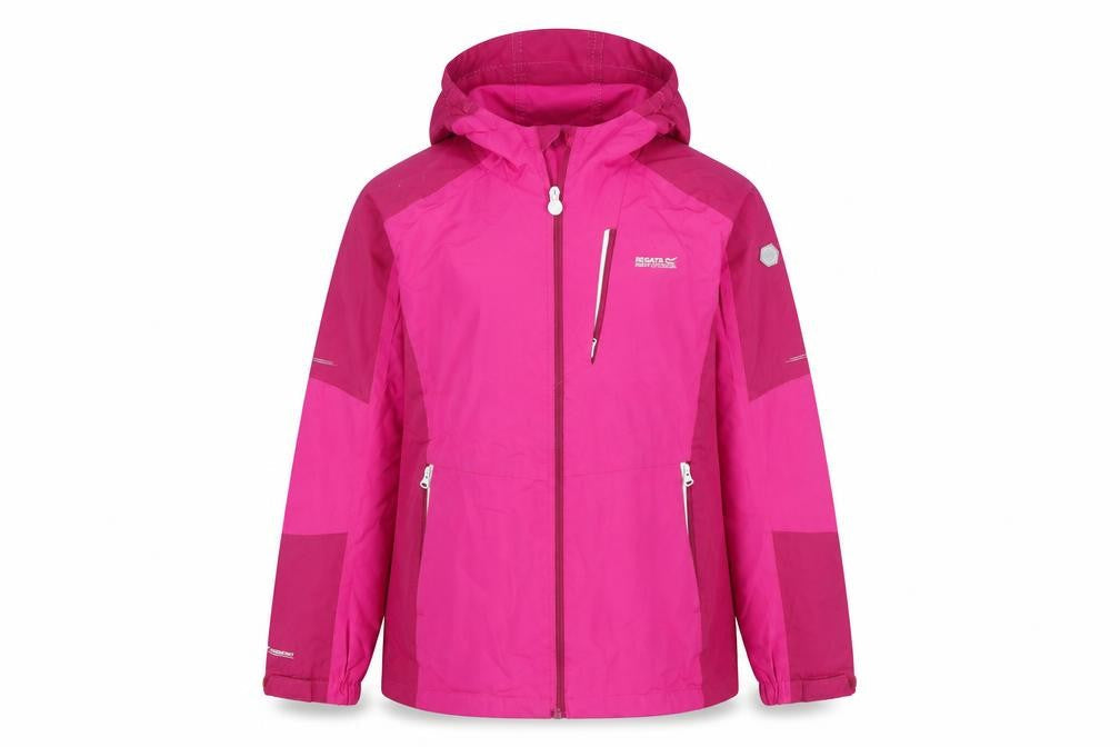 Front view of Regatta girls’ pink waterproof hooded rain coat jacket 13 years