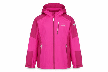 Front view of Regatta girls’ pink waterproof hooded rain coat jacket 13 years