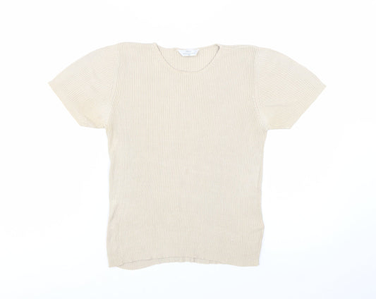 Marks and Spencer Women Beige Silk Short Sleeve Rib T-Shirt UK 16