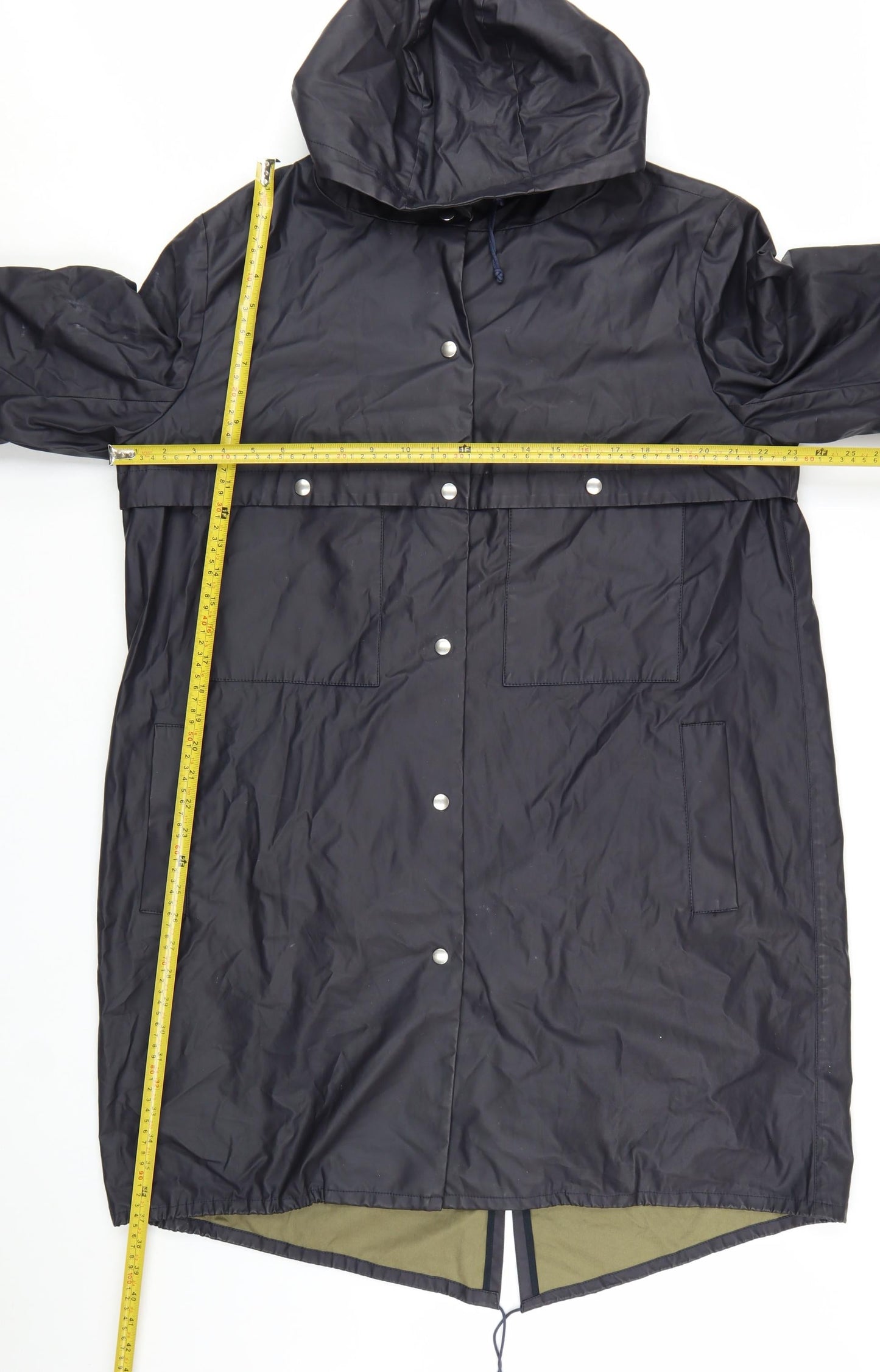 Jaeger Women's Navy Blue Long Hooded Waterproof Rain Coat L