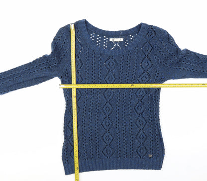 Roxy Women Blue Open-Knit Wool Blend Pullover Jumper Size L