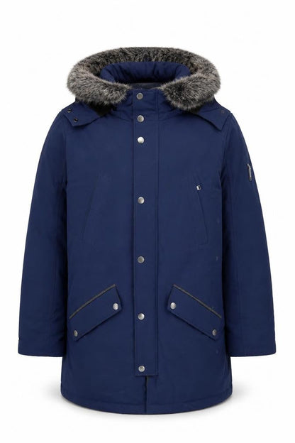 Guess Men's Blue XL Down Parka Coat with Faux Fur Hood