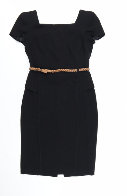 Marks and Spencer Women's Black Knee Length Sheath Dress UK 10 Short Sleeve Belted