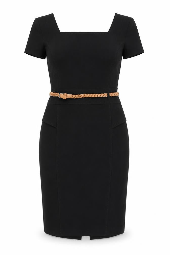 Marks & Spencer Women's Black Knee Length Sheath Dress UK 10 Short Sleeve Belted