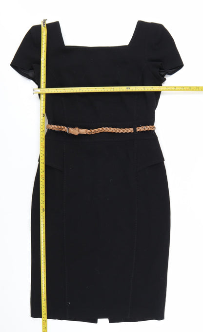 Marks and Spencer Women's Black Knee Length Sheath Dress UK 10 Short Sleeve Belted