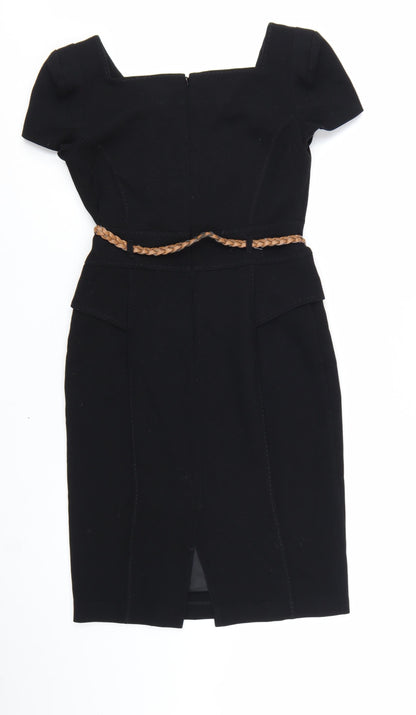 Marks and Spencer Women's Black Knee Length Sheath Dress UK 10 Short Sleeve Belted