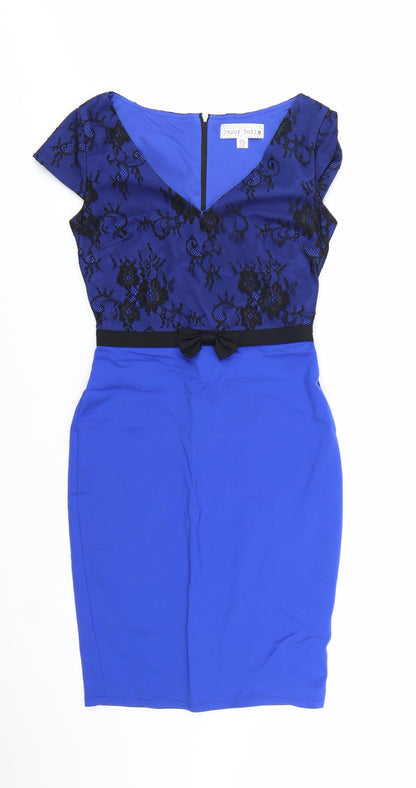 Paper Dolls Women Blue Lace Sheath Dress Size 8 Elegant V-Neck