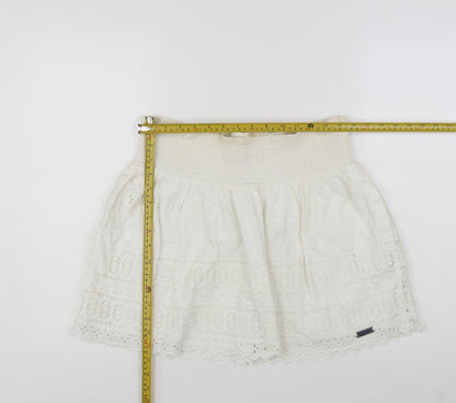 Superdry Women Ivory Cotton A-Line Broderie Short Skirt M