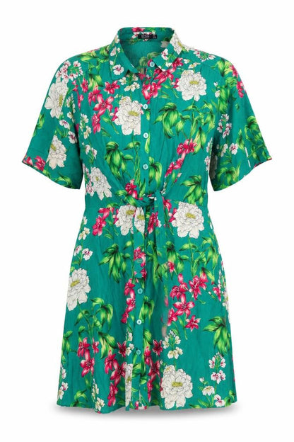 Bershka Women’s Green Floral Shirt Dress Size 12 Short Sleeve