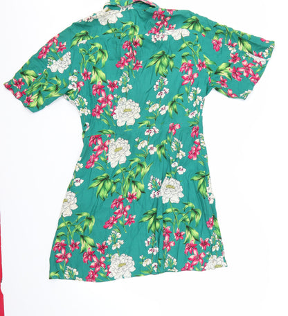 Bershka Women’s Green Floral Shirt Dress Size 12 Short Sleeve