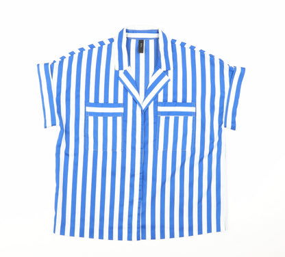 Y.A.S Womens Blue White Striped Collared Short Sleeve Button-Up Shirt Size 10
