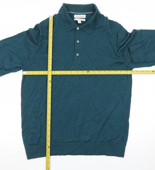Marks and Spencer Autograph Men's Green XL Merino Wool Long Sleeve Polo