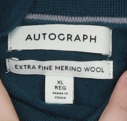 Marks and Spencer Autograph Men's Green XL Merino Wool Long Sleeve Polo