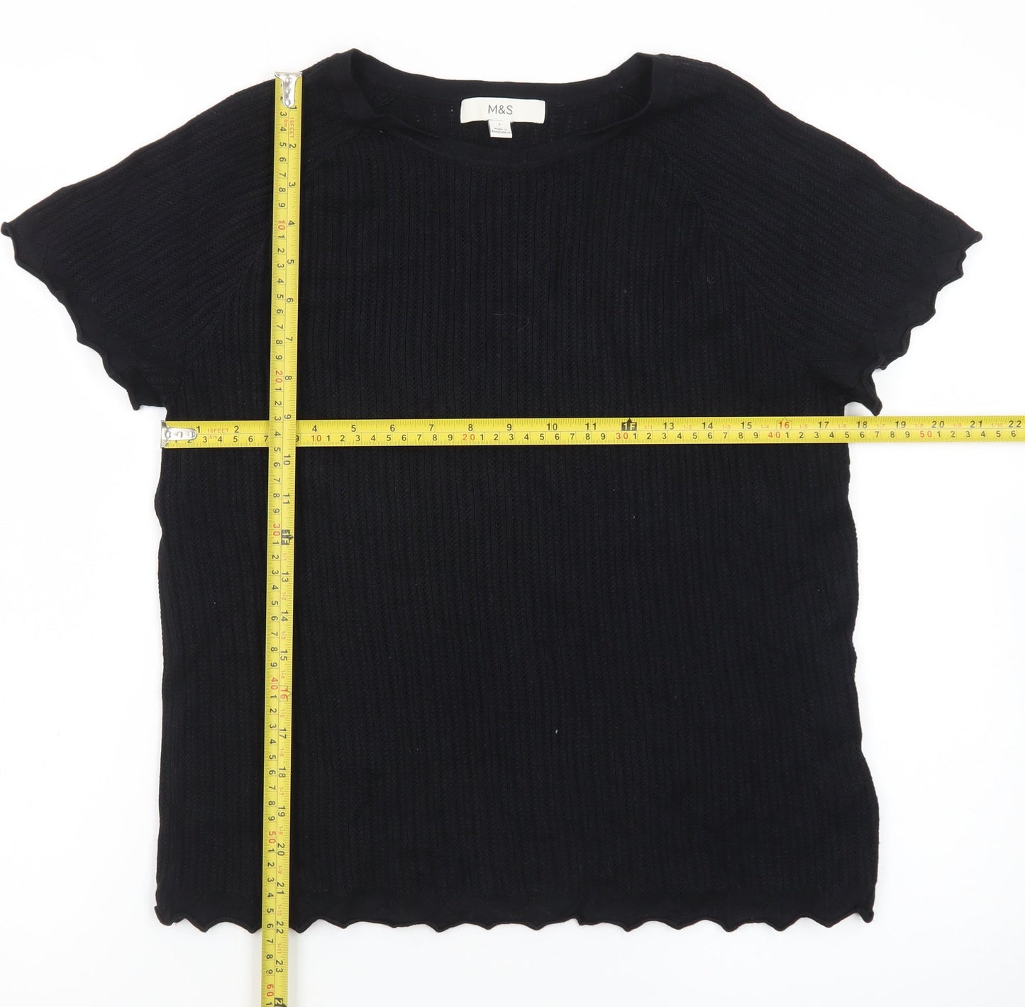 Marks and Spencer Women's Black Short Sleeve Ribbed T-Shirt Size L