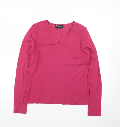 Monsoon Women Pink V-Neck Long Sleeve Cotton Basic Top Size 14