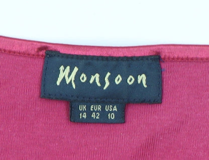 Monsoon Women Pink V-Neck Long Sleeve Cotton Basic Top Size 14