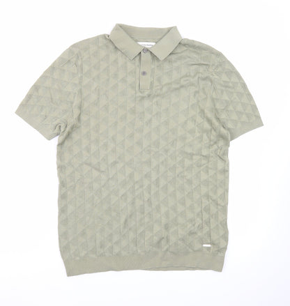 Marks and Spencer Men's Green Geometric Knit Polo Shirt Size M