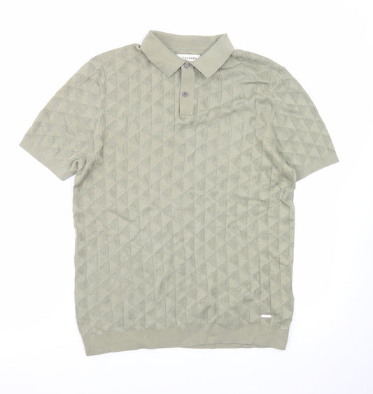 Marks and Spencer Men's Green Geometric Knit Polo Shirt Size M