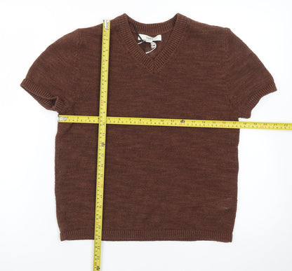 Marks and Spencer Women Brown V-Neck Short Sleeve Wool Jumper Size Small