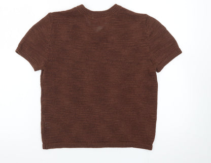 Marks and Spencer Women Brown V-Neck Short Sleeve Wool Jumper Size Small