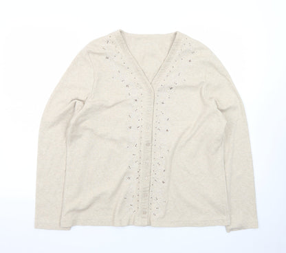 Dash Women Beige Embroidered Cotton V-Neck Cardigan Size 18