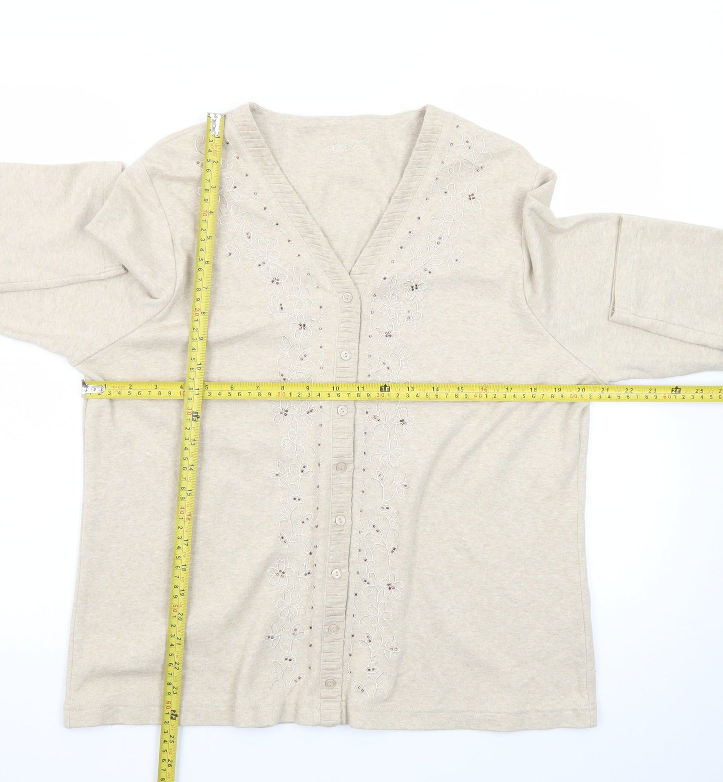 Dash Women Beige Embroidered Cotton V-Neck Cardigan Size 18