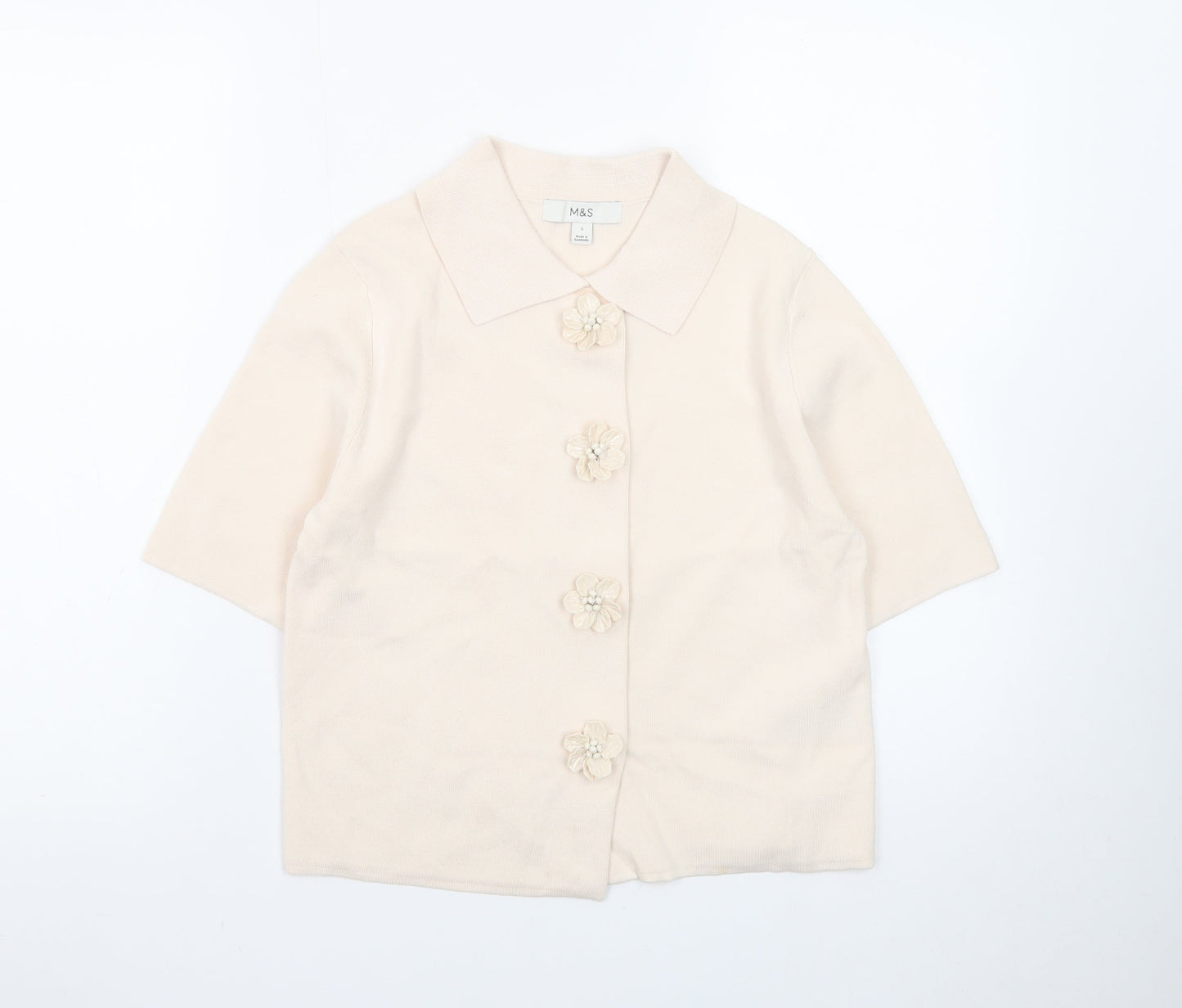 Marks and Spencer Women's Beige Collared Short Sleeve Cardigan Small