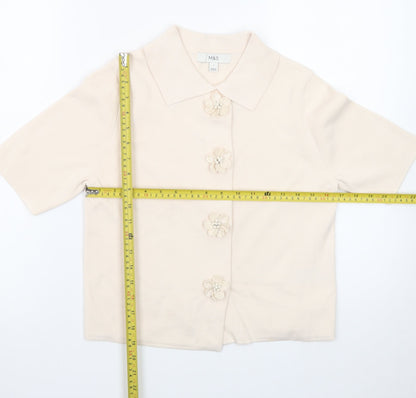 Marks and Spencer Women's Beige Collared Short Sleeve Cardigan Small