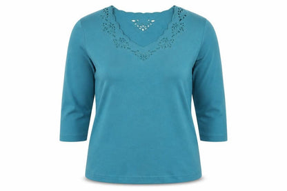 Dash Women’s Blue V-Neck Embroidered 3/4 Sleeve Pullover Jumper Size 14