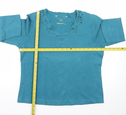Dash Women’s Blue V-Neck Embroidered 3/4 Sleeve Pullover Jumper Size 14