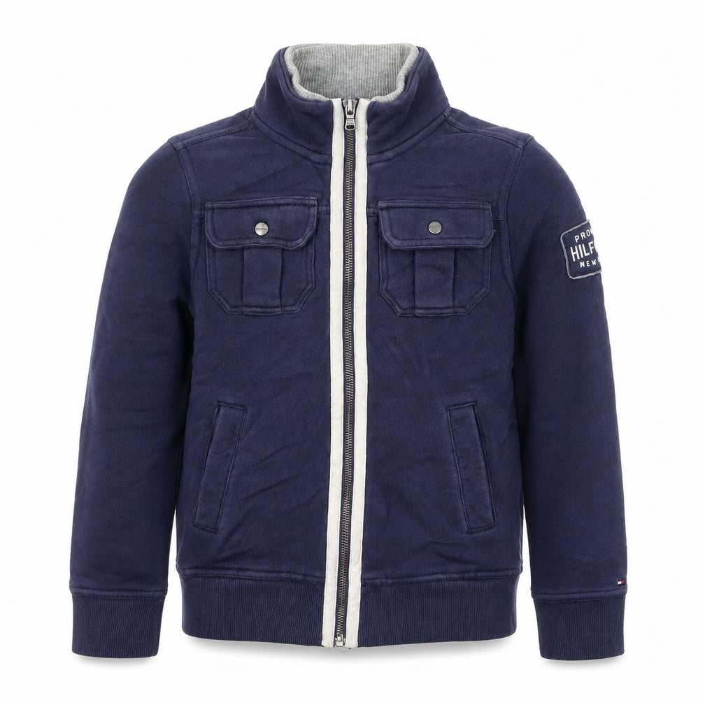 Front view of Tommy Hilfiger boys’ navy blue zip up hoodie jacket, size 8-10, years