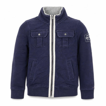 Front view of Tommy Hilfiger boys’ navy blue zip up hoodie jacket, size 8-10, years