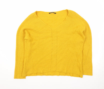 Stradivarius Women Yellow V-Neck Ribbed Knit Jumper Size 8