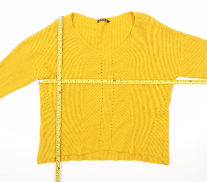 Stradivarius Women Yellow V-Neck Ribbed Knit Jumper Size 8