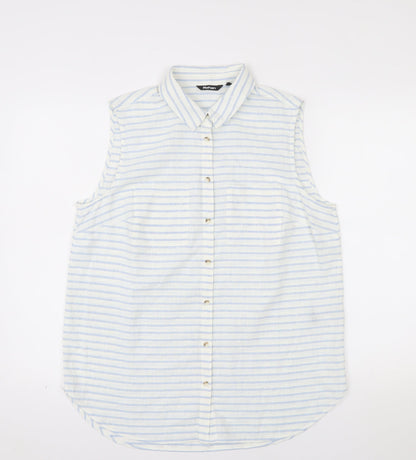 Rohan Womens White Blue Striped Linen Blend Sleeveless Button-Up Shirt Size 14