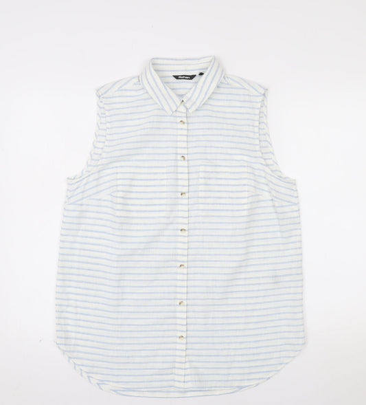 Rohan Womens White Blue Striped Linen Blend Sleeveless Button-Up Shirt Size 14