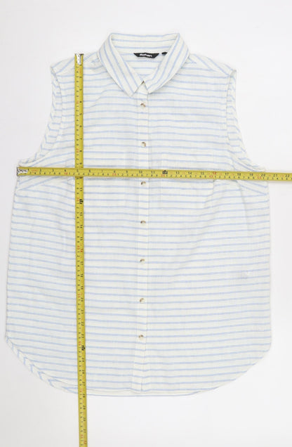 Rohan Womens White Blue Striped Linen Blend Sleeveless Button-Up Shirt Size 14