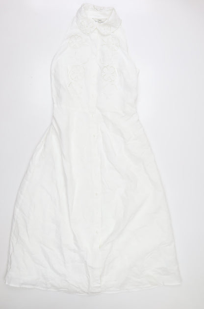 Marks and Spencer Women’s White Linen Cotton Embroidered Shirt Dress Size 12 Tall