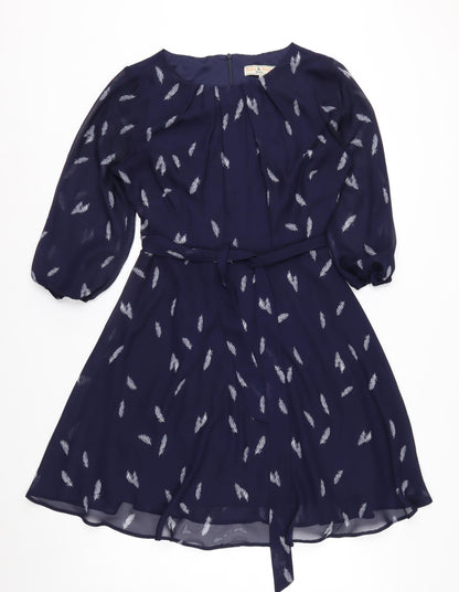 Billie & Blossom Petite Blue Feather Print Fit & Flare Dress Size 10