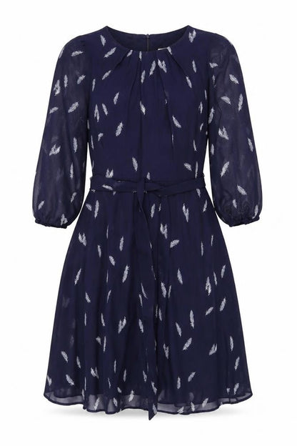 Billie & Blossom Petite Blue Feather Print Fit & Flare Dress Size 10