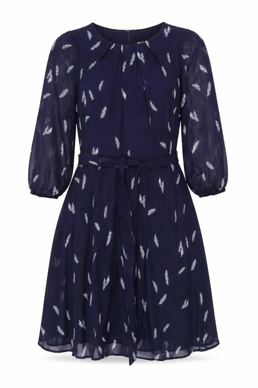 Front view of Billie & Blossom Petite Blue Feather Print Fit & Flare Dress, size 10