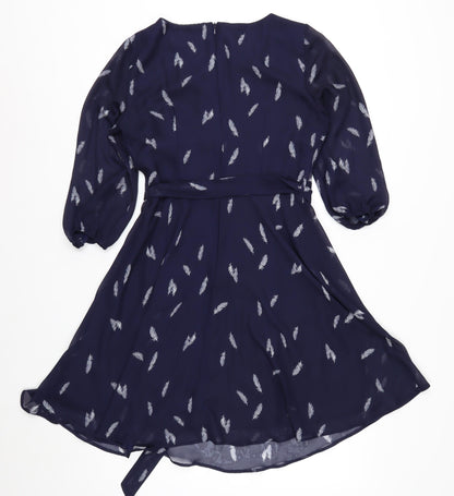 Billie & Blossom Petite Blue Feather Print Fit & Flare Dress Size 10