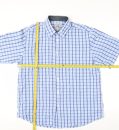 Marks and Spencer Men's Blue Checked Short Sleeve Regular Fit Cotton Shirt Size L
