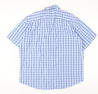Marks and Spencer Men's Blue Checked Short Sleeve Regular Fit Cotton Shirt Size L