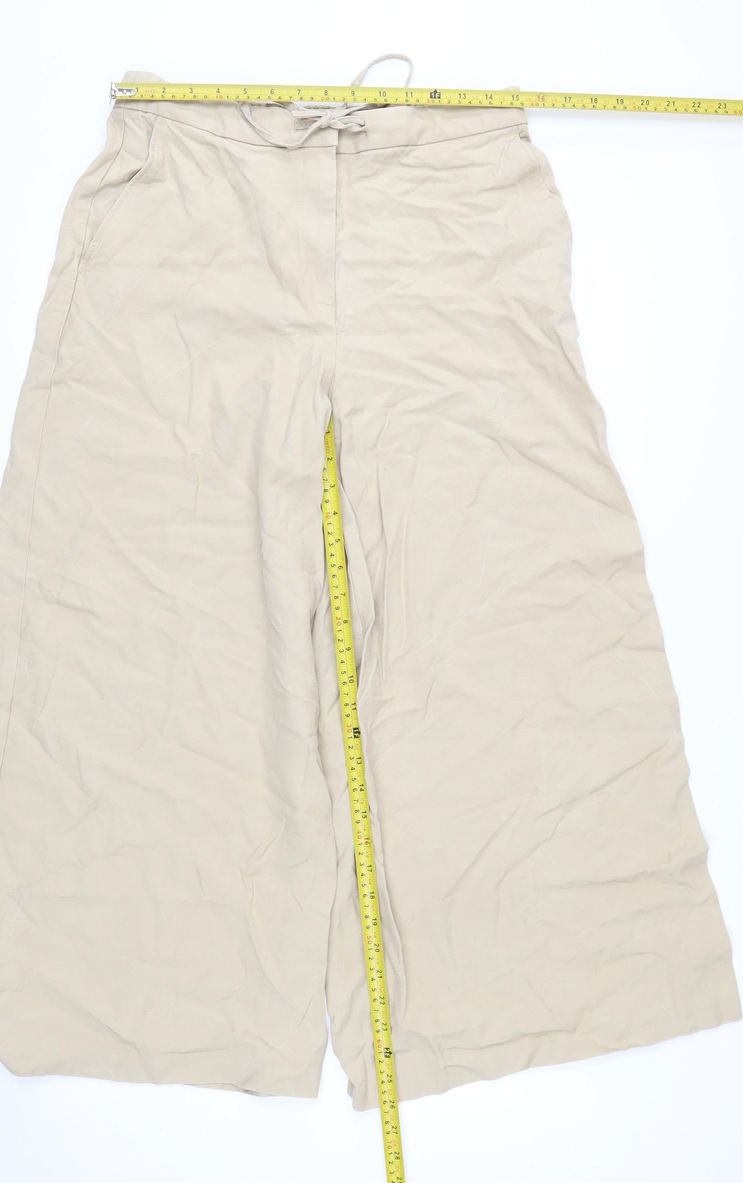 Marks and Spencer Women's Beige Wide-Leg Cropped Drawstring Trousers Size 14