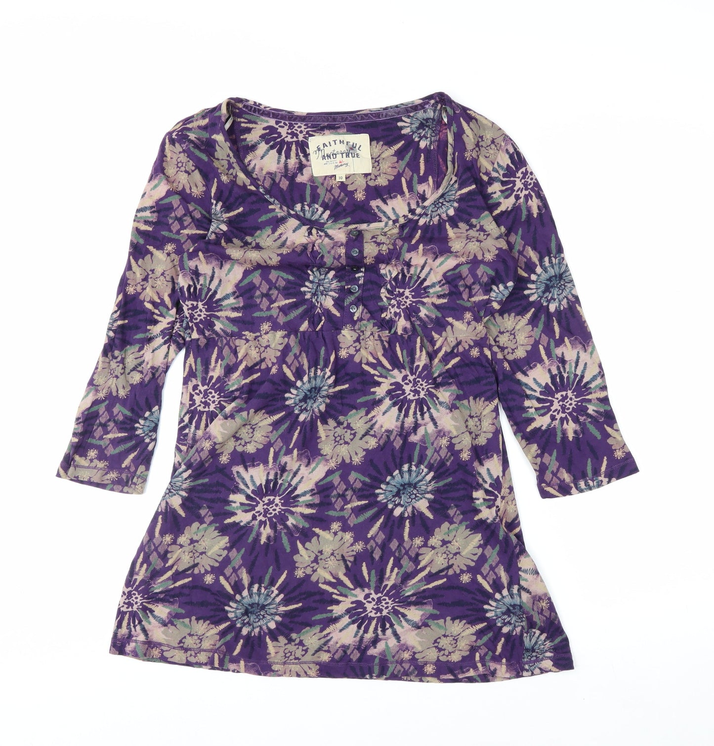 Mantaray Women's Purple Floral 3/4 Sleeve Cotton Tunic Top Size 10
